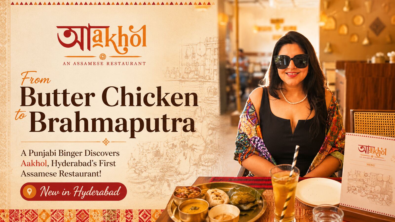 Reema at Aakhol Hyderabad, Assamese restaurant, seated at a thali table