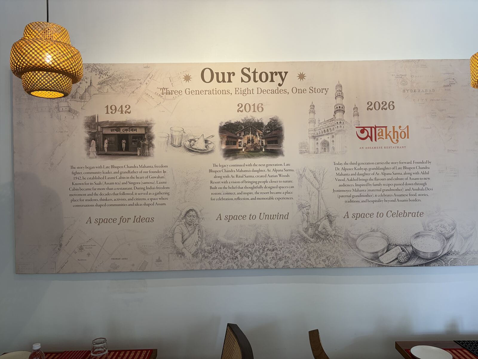 Aakhol Hyderabad Our Story wall mural — three generations, eight decades