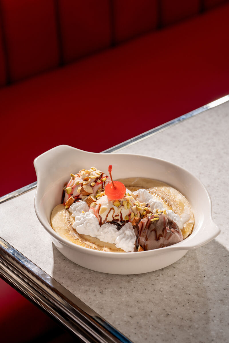 Banana split with three scoops, whipped cream, nuts and a cherry at the All American Diner Hyderabad