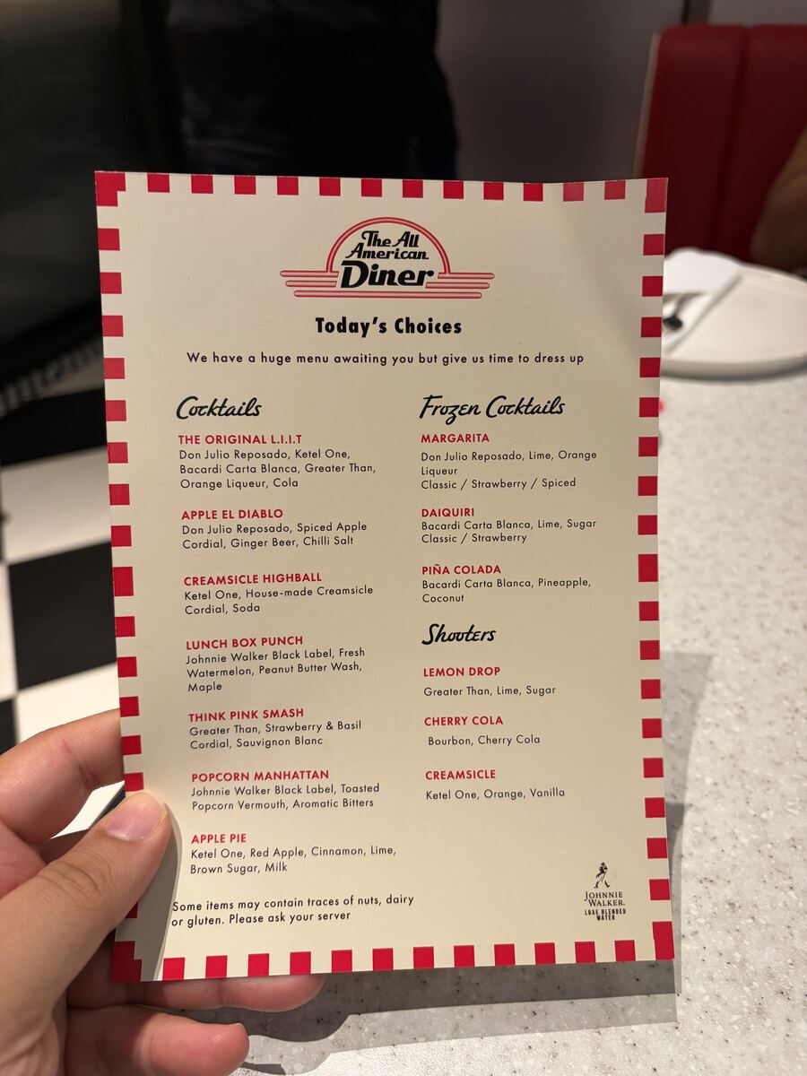 The All American Diner cocktail menu card with cocktails, frozen cocktails and shooters