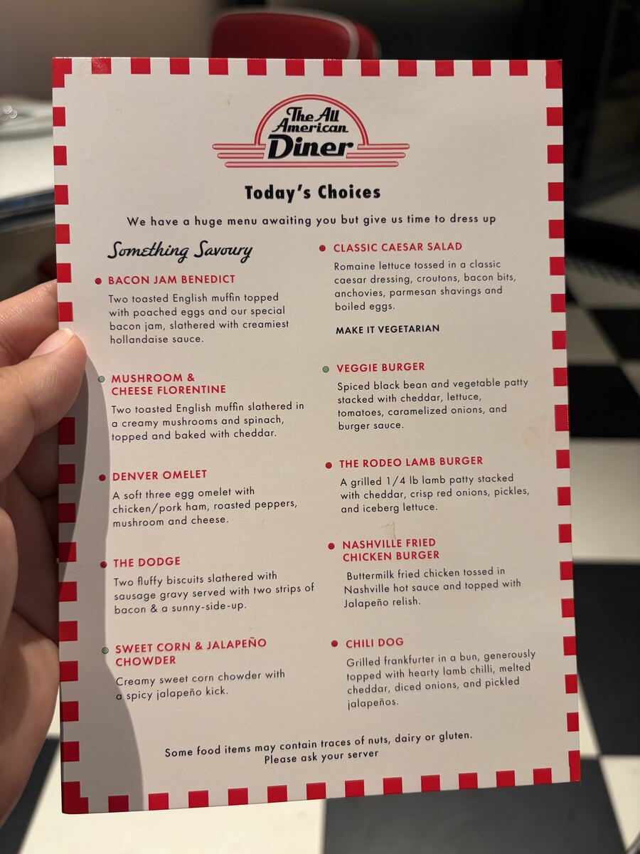The All American Diner preview menu card listing Rodeo Lamb Burger, Nashville Fried Chicken Burger, Chili Dog, Bacon Jam Benedict and more