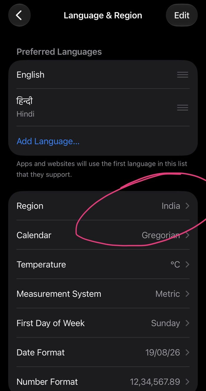 iPhone Settings, Language and Region screen with the Region option (currently India) circled