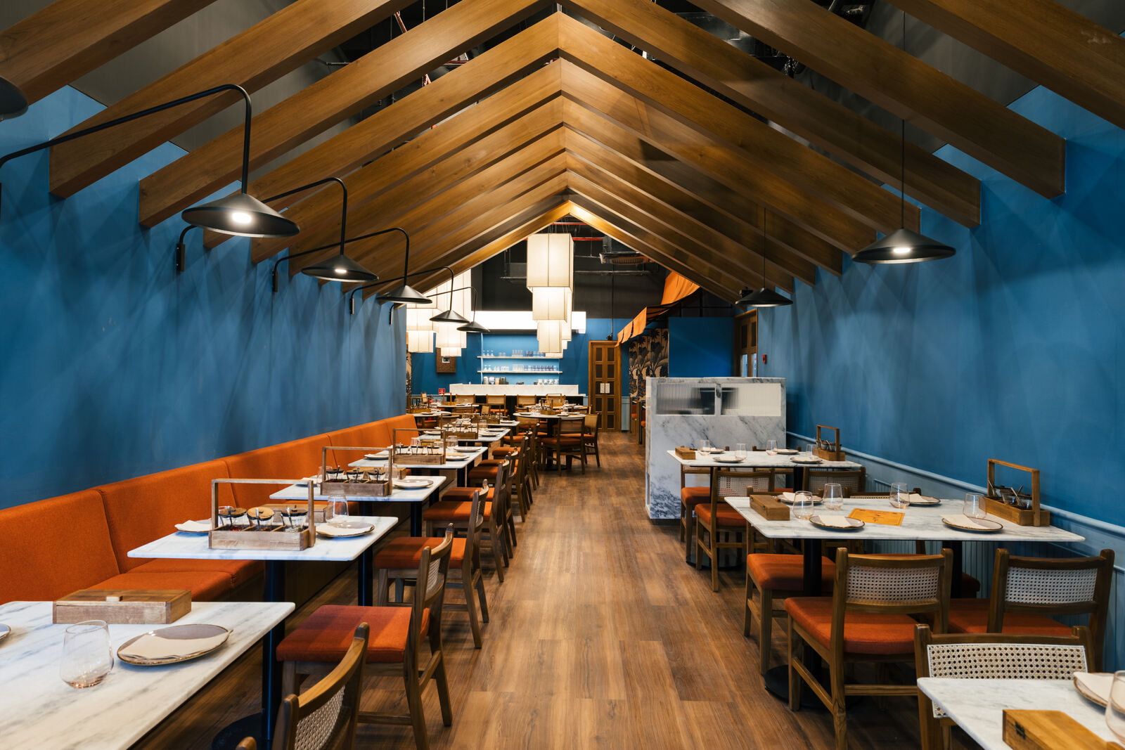 Thai restaurant interior in Knowledge City Hyderabad — Baan Phadthai blue walls and Thai artwork