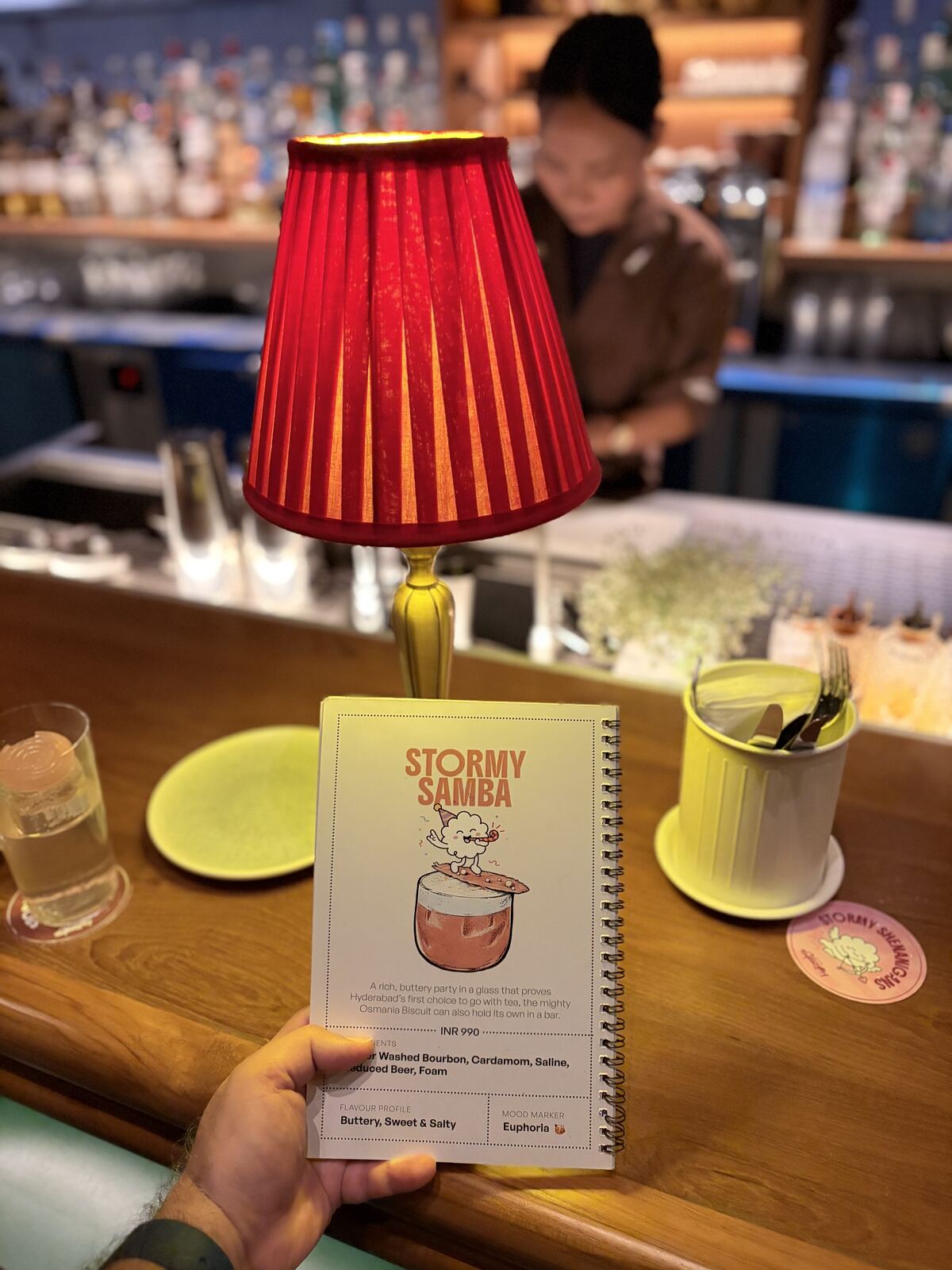 Stormy Samba cocktail menu card at Bar Stormy, Financial District, Hyderabad, showing mood marker Euphoria
