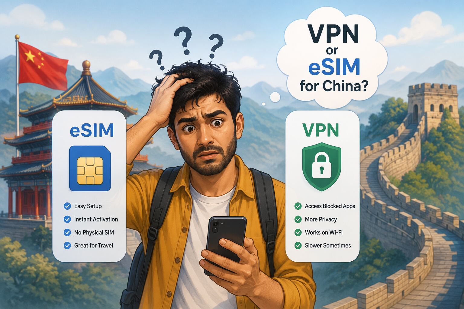 Confused traveler in China trying to decide between eSIM and VPN