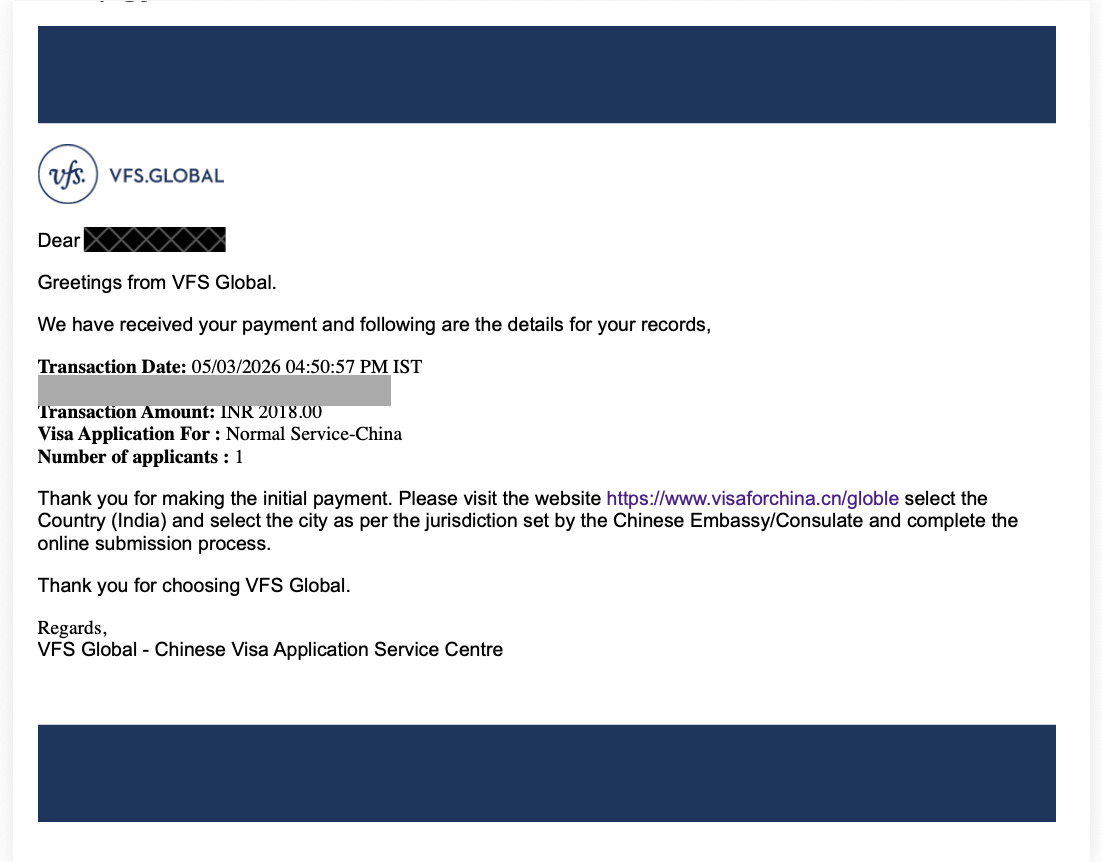 VFS Global payment confirmation email for China visa normal service