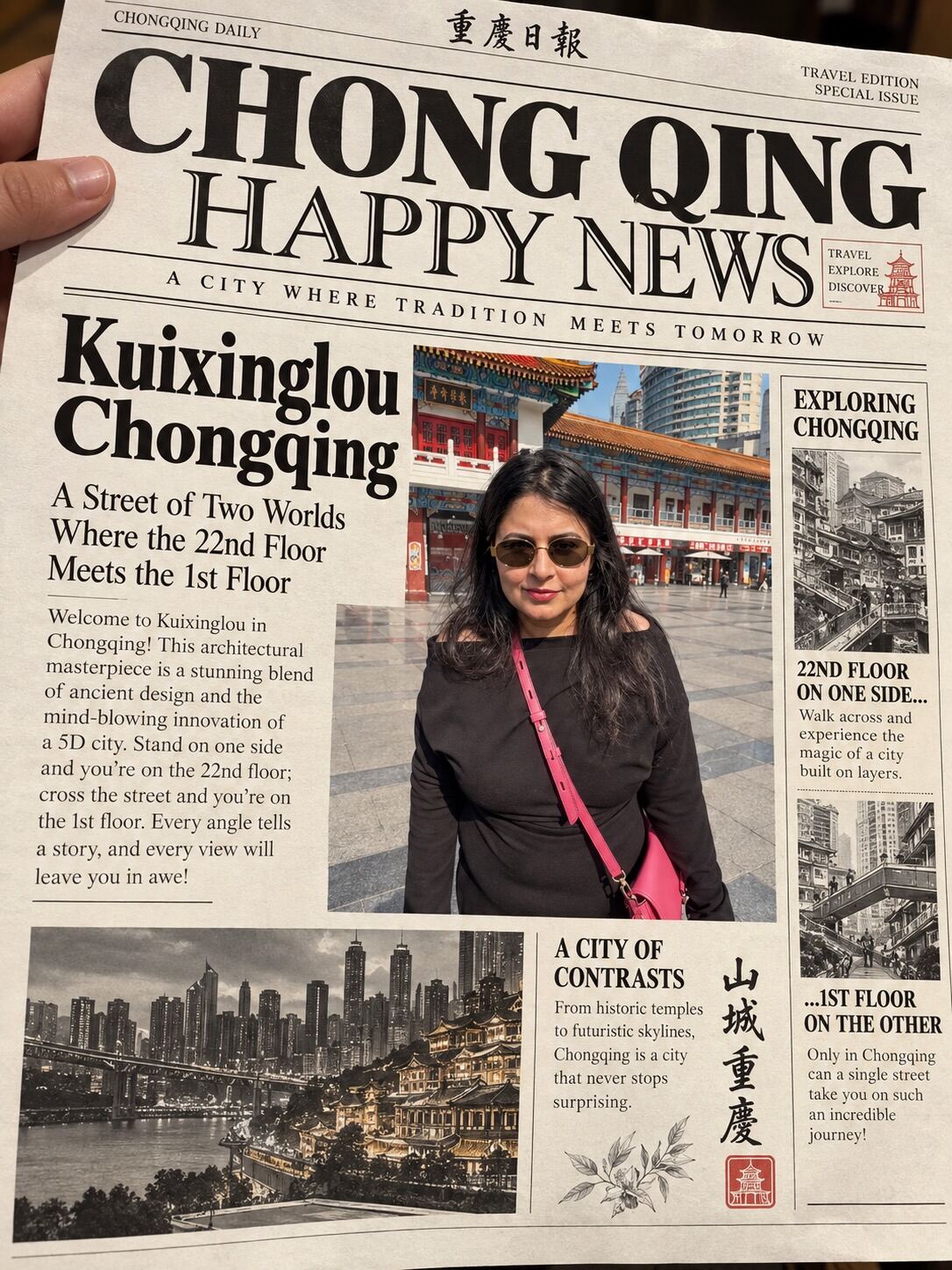 Novelty Chongqing Happy News print with Reema on the front page and a Kuixinglou headline about the 22nd floor meeting the 1st