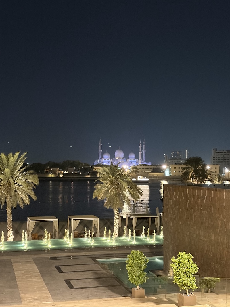 Night views from Fairmont Bab Al Bahr showing illuminated Grand Mosque