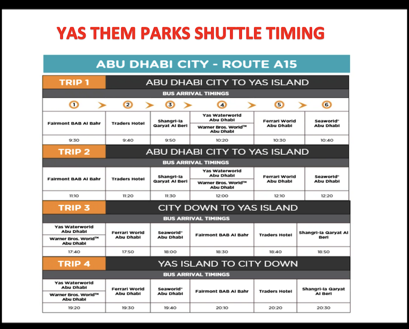 Yas theme parks shuttle schedule from Fairmont