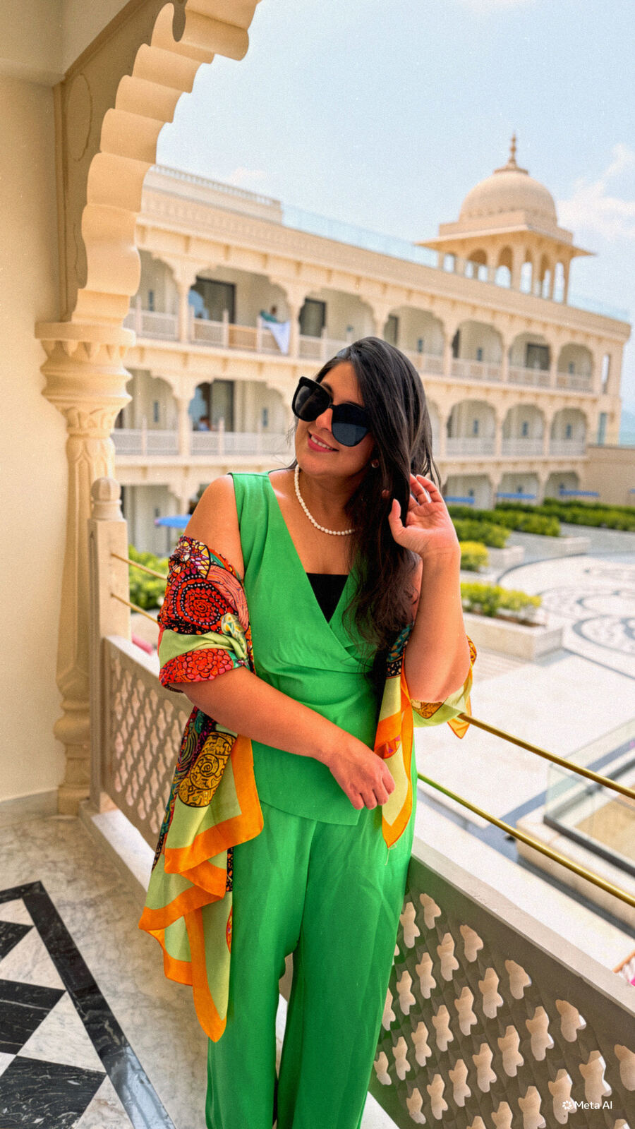 Reema on a balcony overlooking the palace domes and courtyard at Fairmont Udaipur Palace