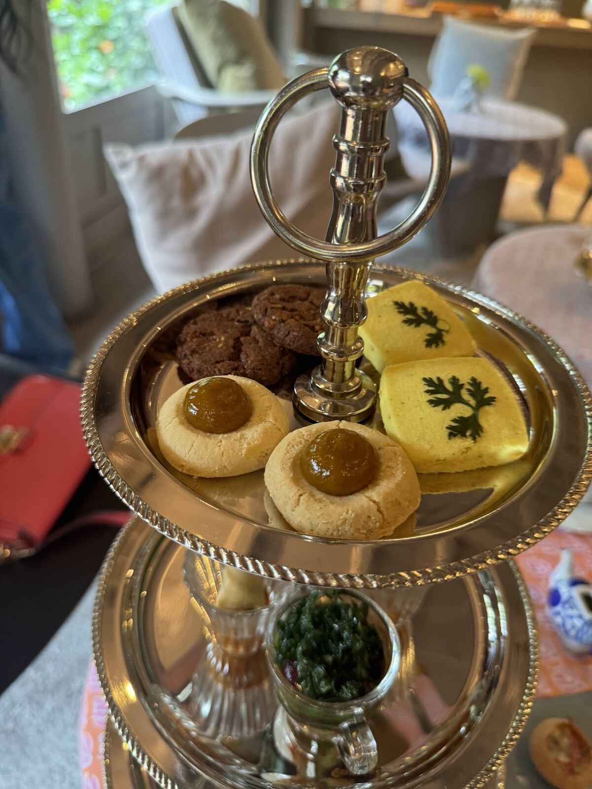Gaa Bangkok high tea tier with namkeen cookies and savoury bites — Two Michelin Star Indian afternoon tea