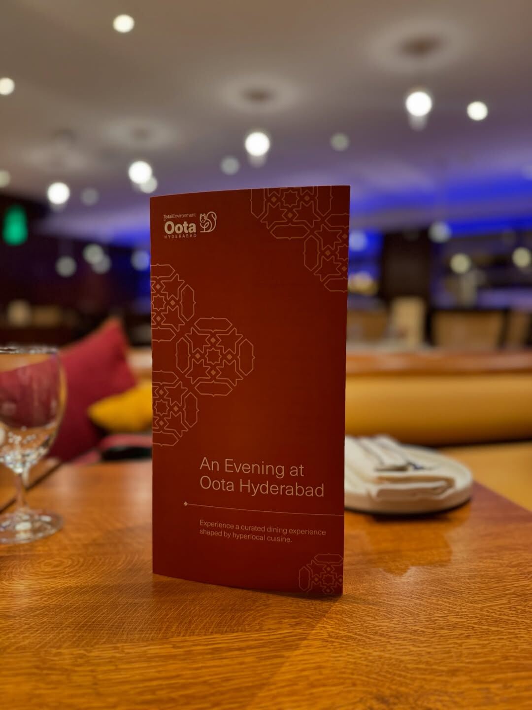An Evening at Oota Hyderabad menu card — invite-only preview tasting Madhapur