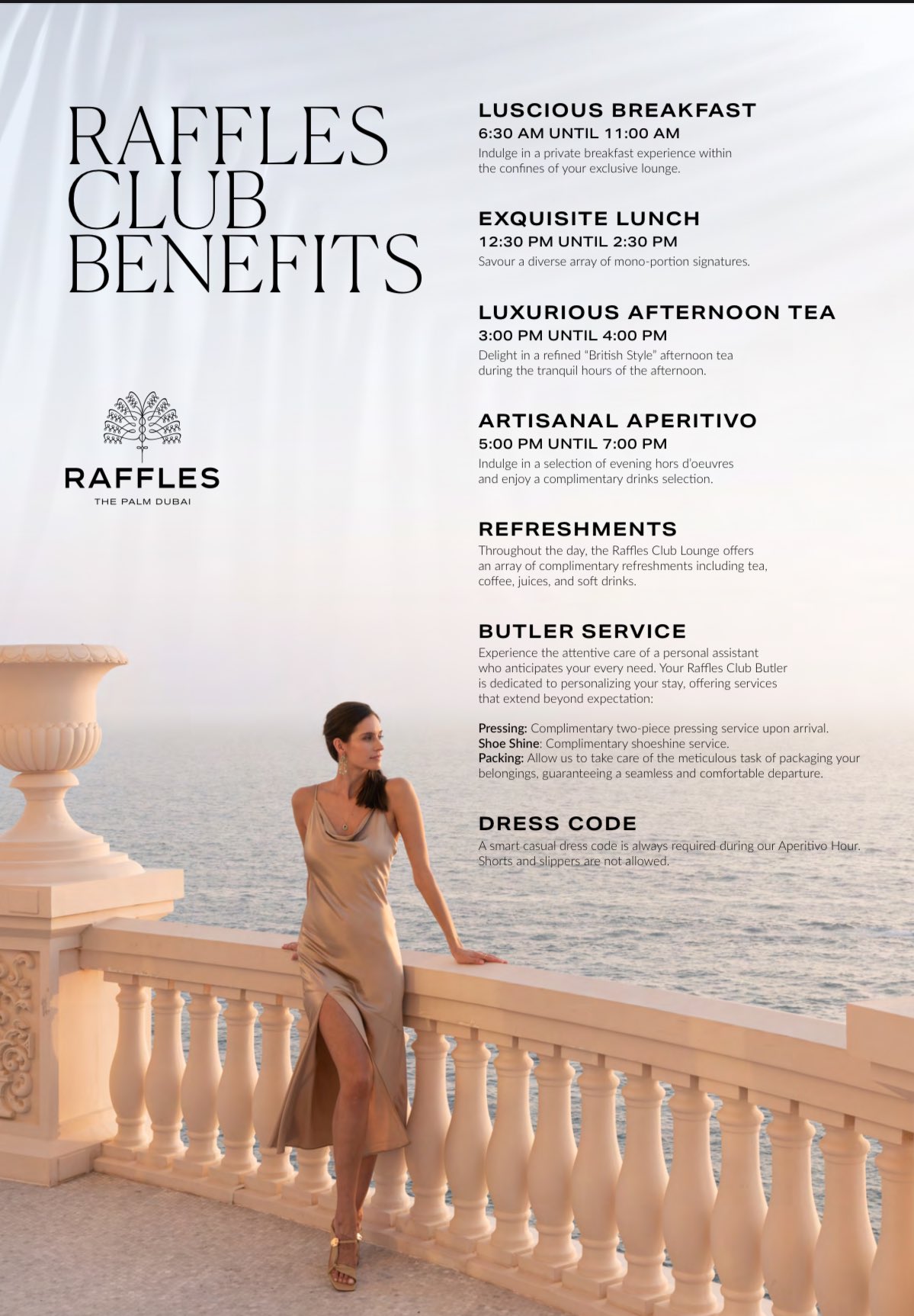 Raffles Club benefits poster showing lounge access times breakfast lunch afternoon tea happy hour - Accor Platinum perks Dubai