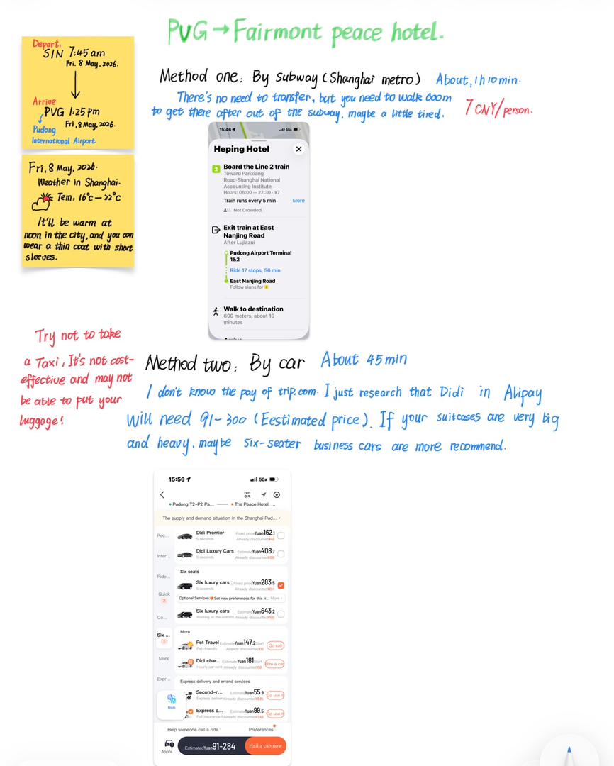 Handwritten iPad notes from our Shanghai Greeter Athena with airport to hotel travel tips
