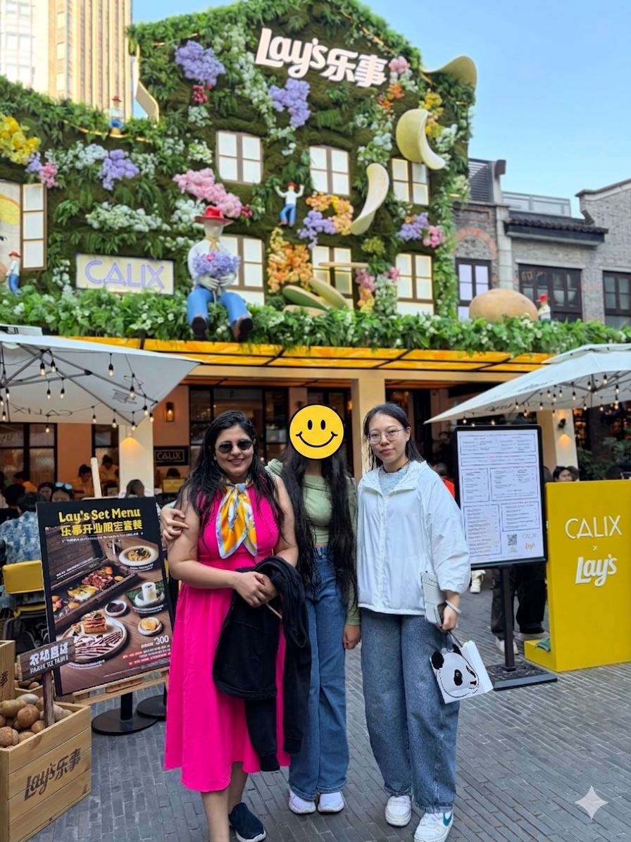 Our family with Athena our Shanghai Greeter at a trendy pop-up in Shanghai