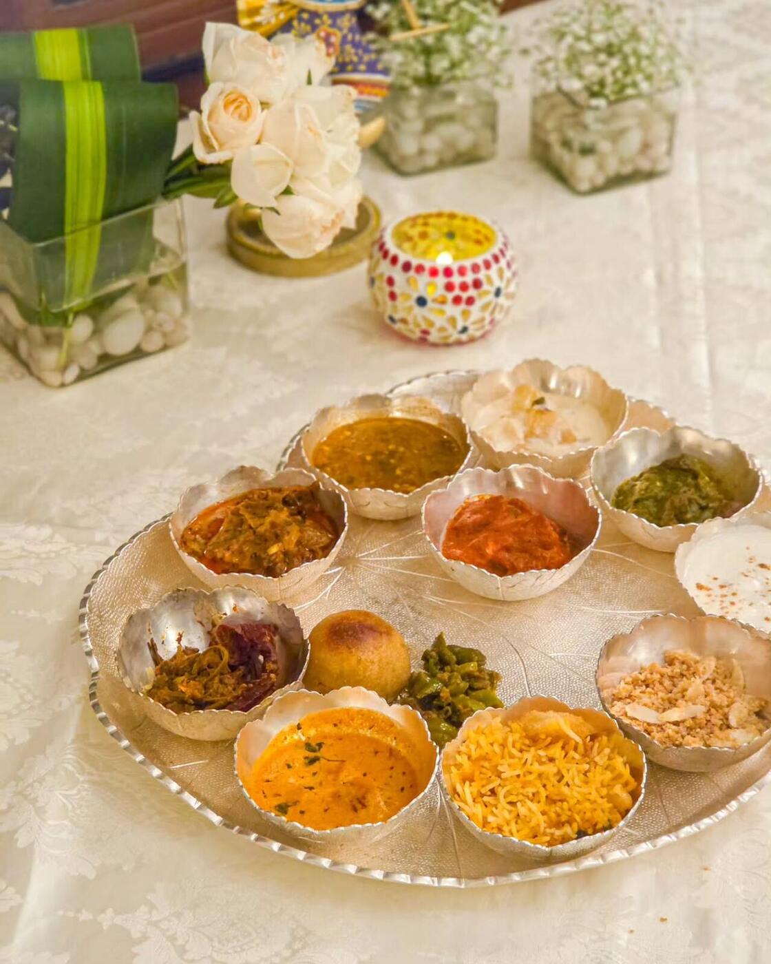 Close-up of Marwari thali dishes at Taj Falaknuma Palace, Hyderabad