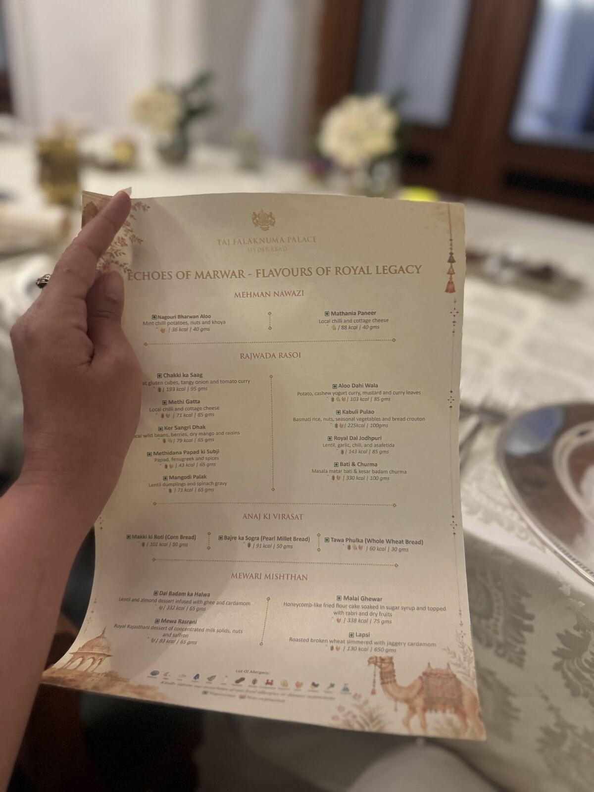 Marwari thali menu card at Taj Falaknuma Palace Echoes of Marwar festival, Hyderabad